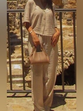 Women's Cream Wide-Leg Linen Pants & cover up set - Neutral Summer Style